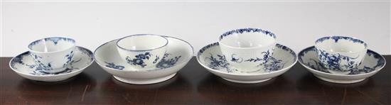 Four Worcester blue and white teabowls and saucers, c.1765-75, saucers 12.2cm - 15cm (8)